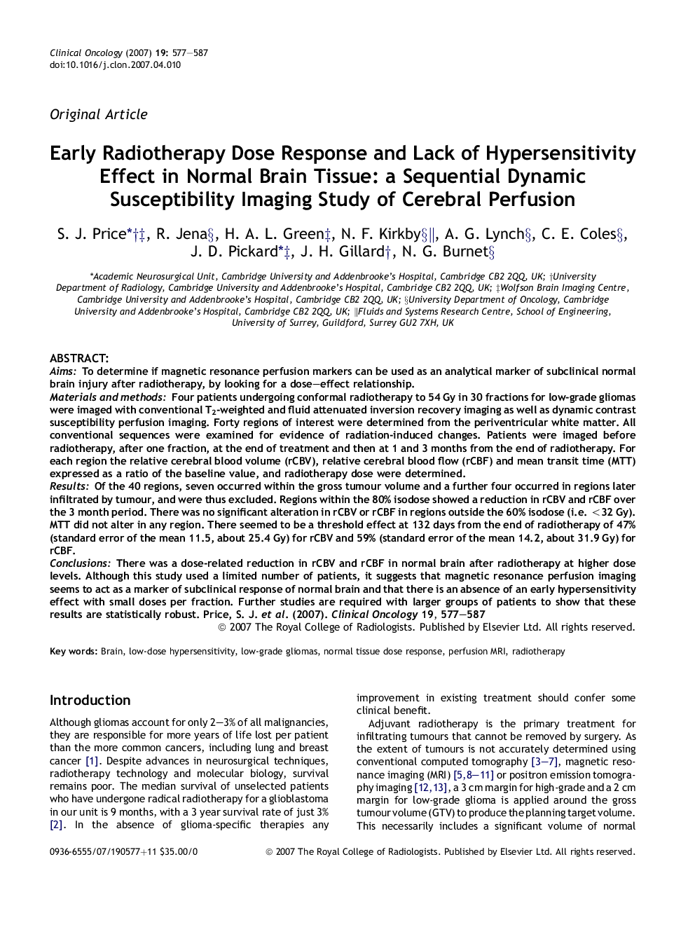 Early Radiotherapy Dose Response and Lack of Hypersensitivity Effect in Normal Brain Tissue: a Sequential Dynamic Susceptibility Imaging Study of Cerebral Perfusion