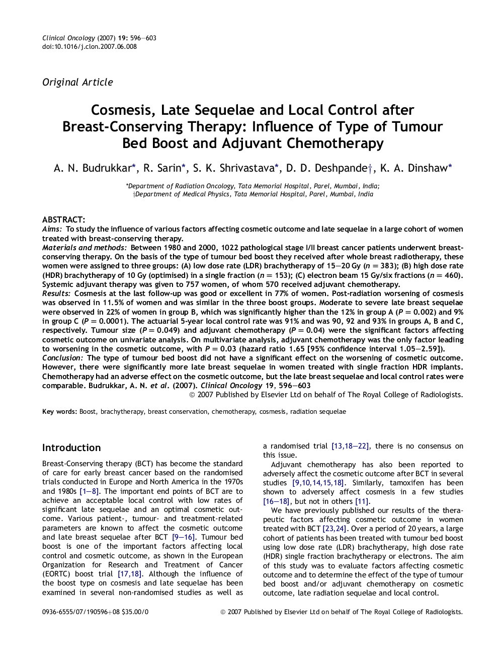 Cosmesis, Late Sequelae and Local Control after Breast-Conserving Therapy: Influence of Type of Tumour Bed Boost and Adjuvant Chemotherapy