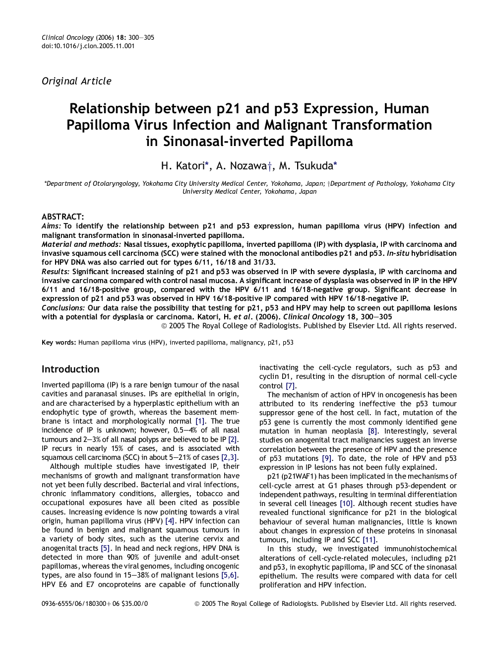 Relationship between p21 and p53 Expression, Human Papilloma Virus Infection and Malignant Transformation in Sinonasal-inverted Papilloma