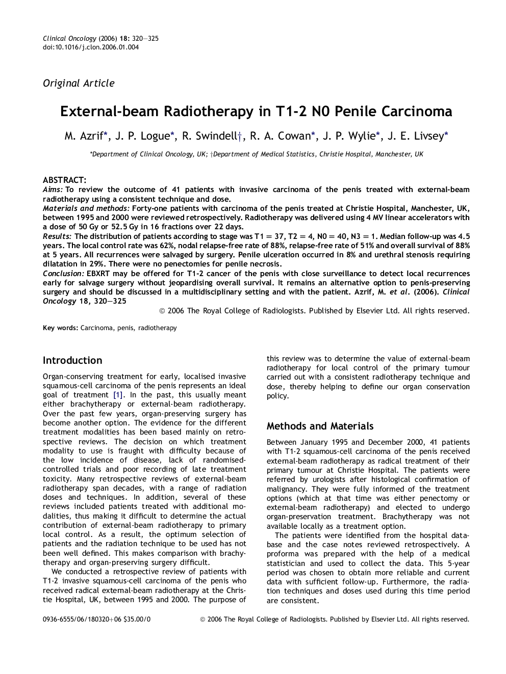 External-beam Radiotherapy in T1-2 N0 Penile Carcinoma