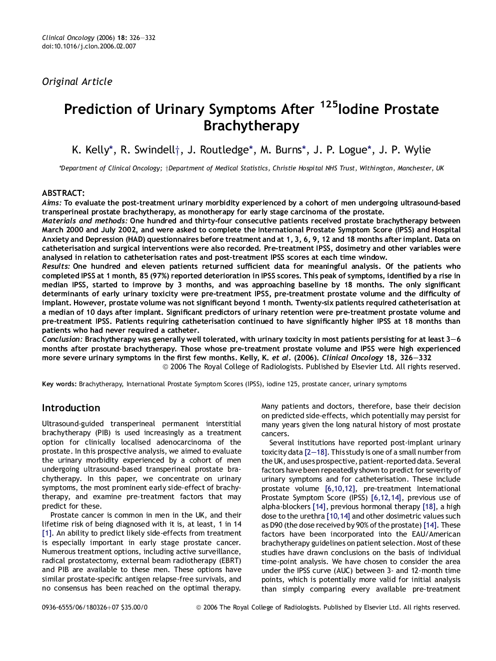 Prediction of Urinary Symptoms After 125Iodine Prostate Brachytherapy