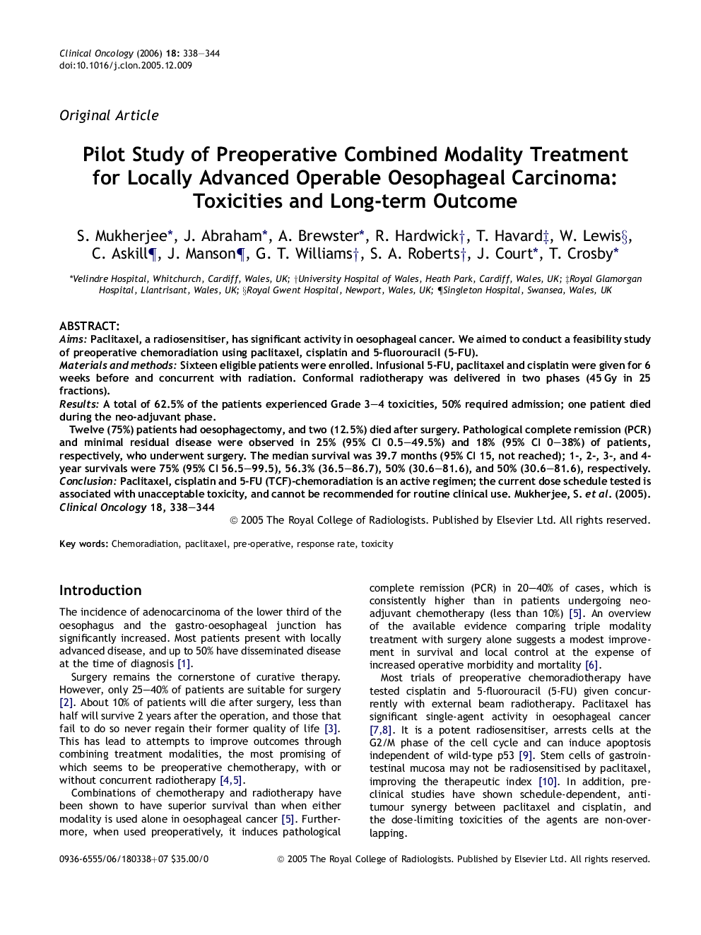 Pilot Study of Preoperative Combined Modality Treatment for Locally Advanced Operable Oesophageal Carcinoma: Toxicities and Long-term Outcome