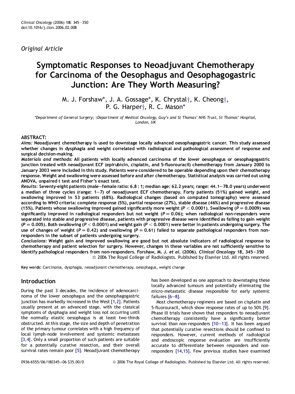 Symptomatic Responses to Neoadjuvant Chemotherapy for Carcinoma of the Oesophagus and Oesophagogastric Junction: Are They Worth Measuring?