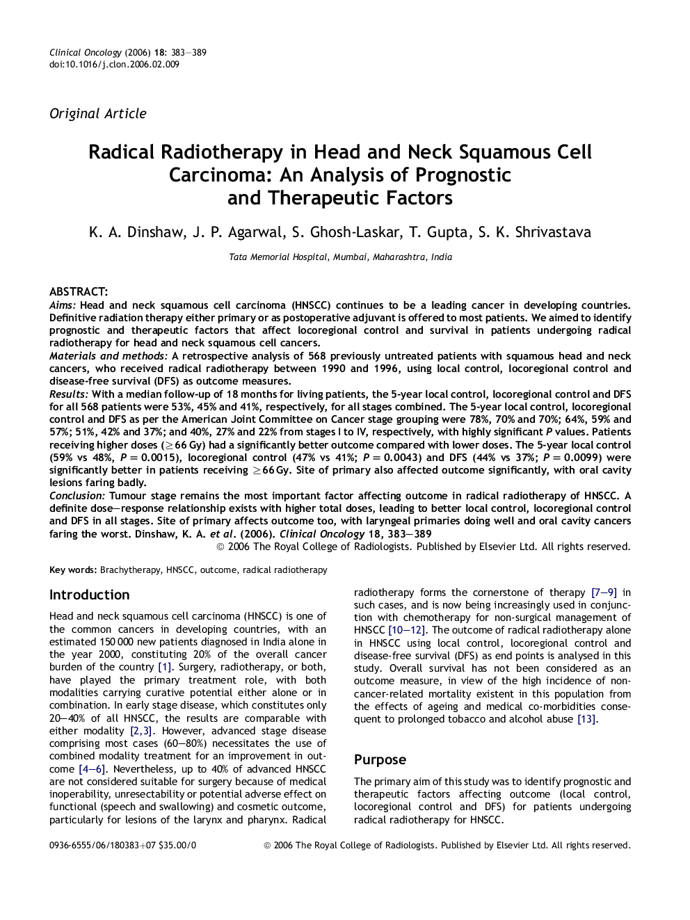 Radical Radiotherapy in Head and Neck Squamous Cell Carcinoma: An Analysis of Prognostic and Therapeutic Factors