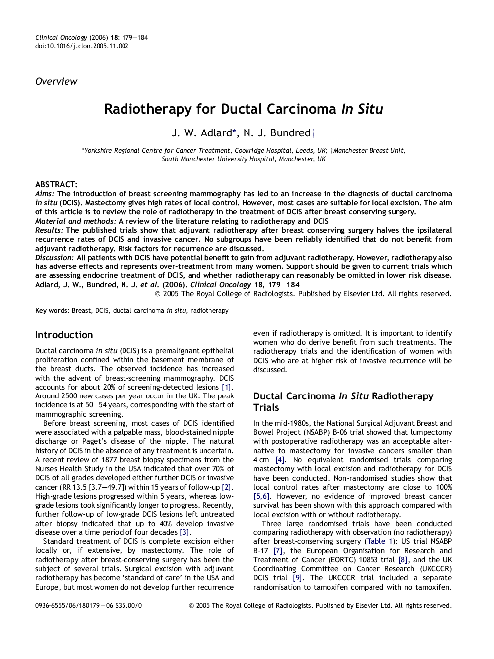 Radiotherapy for Ductal Carcinoma In Situ