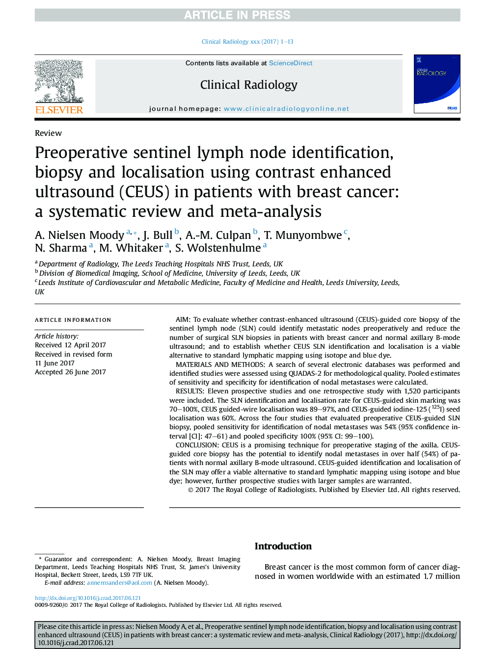 Preoperative sentinel lymph node identification, biopsy and localisation using contrast enhanced ultrasound (CEUS) in patients with breast cancer: a systematic review and meta-analysis