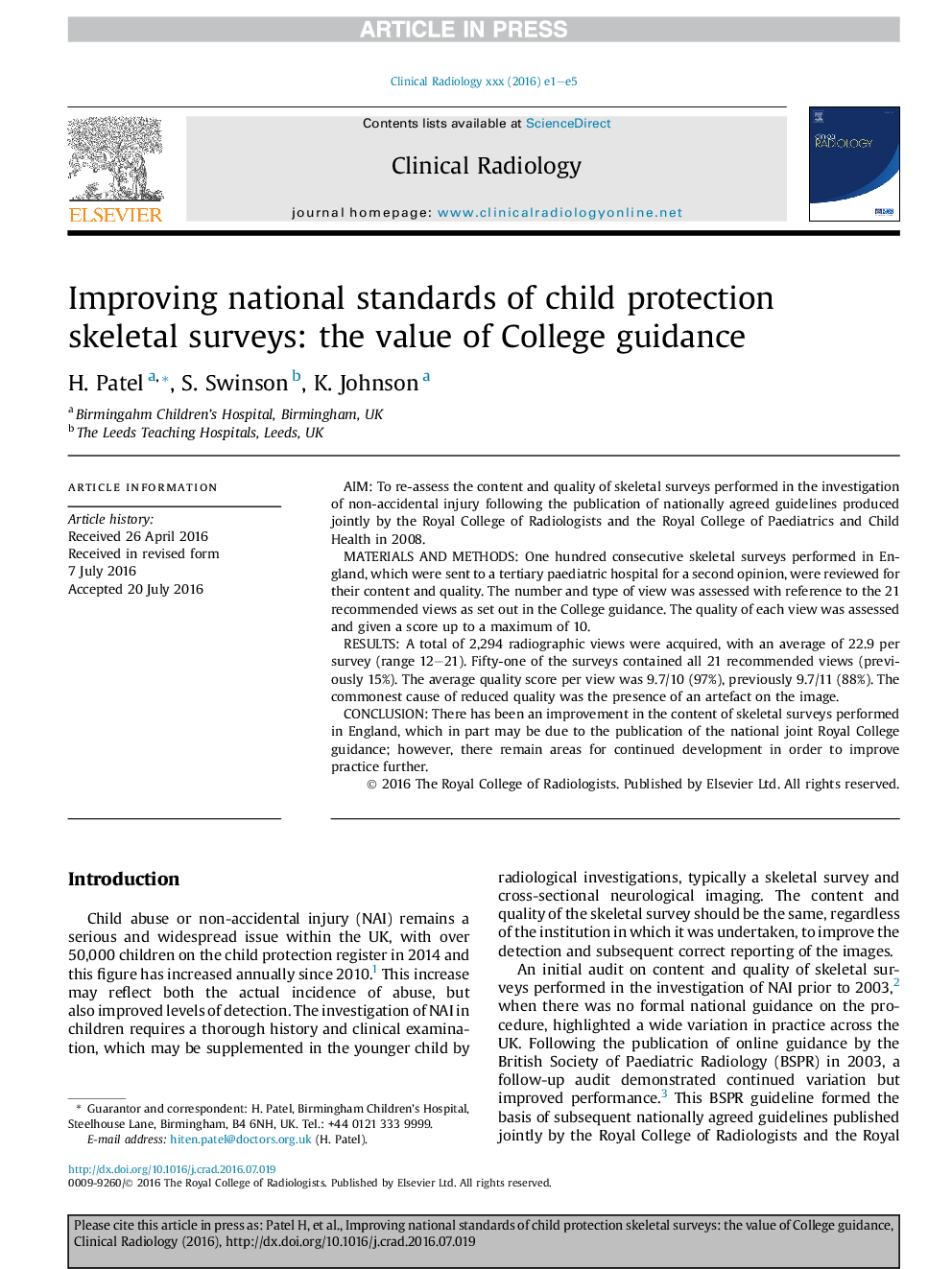 Improving national standards of child protection skeletal surveys: the value of College guidance