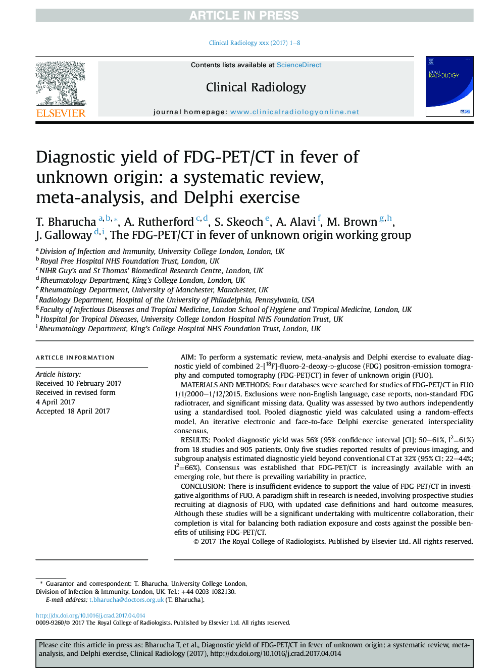 Diagnostic yield of FDG-PET/CT in fever ofÂ unknown origin: a systematic review, meta-analysis, and Delphi exercise