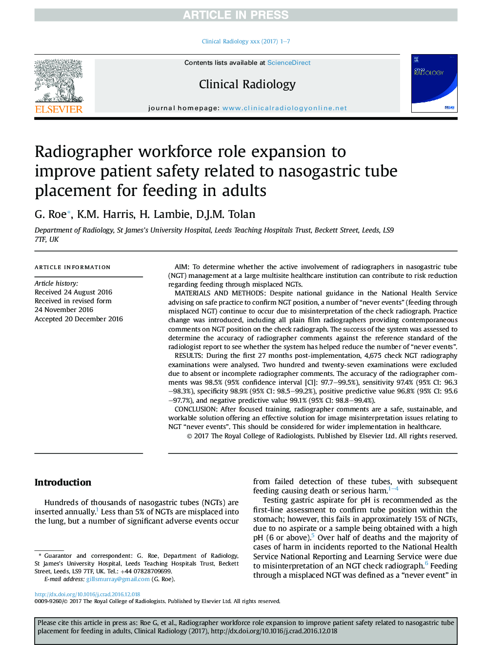 Radiographer workforce role expansion to improve patient safety related to nasogastric tube placement for feeding in adults