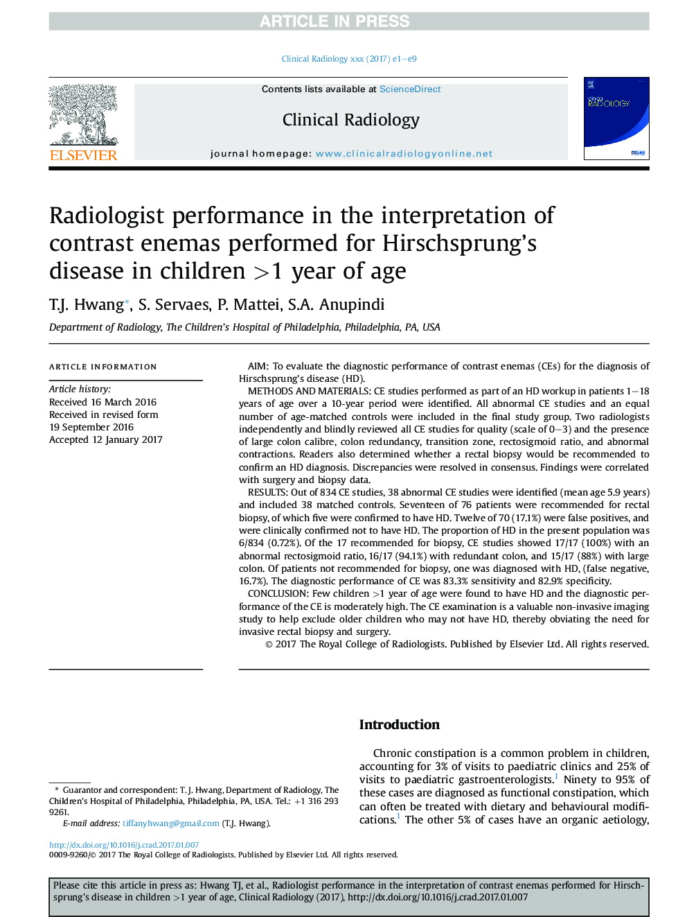 Radiologist performance in the interpretation of contrast enemas performed for Hirschsprung's disease in children >1 year of age