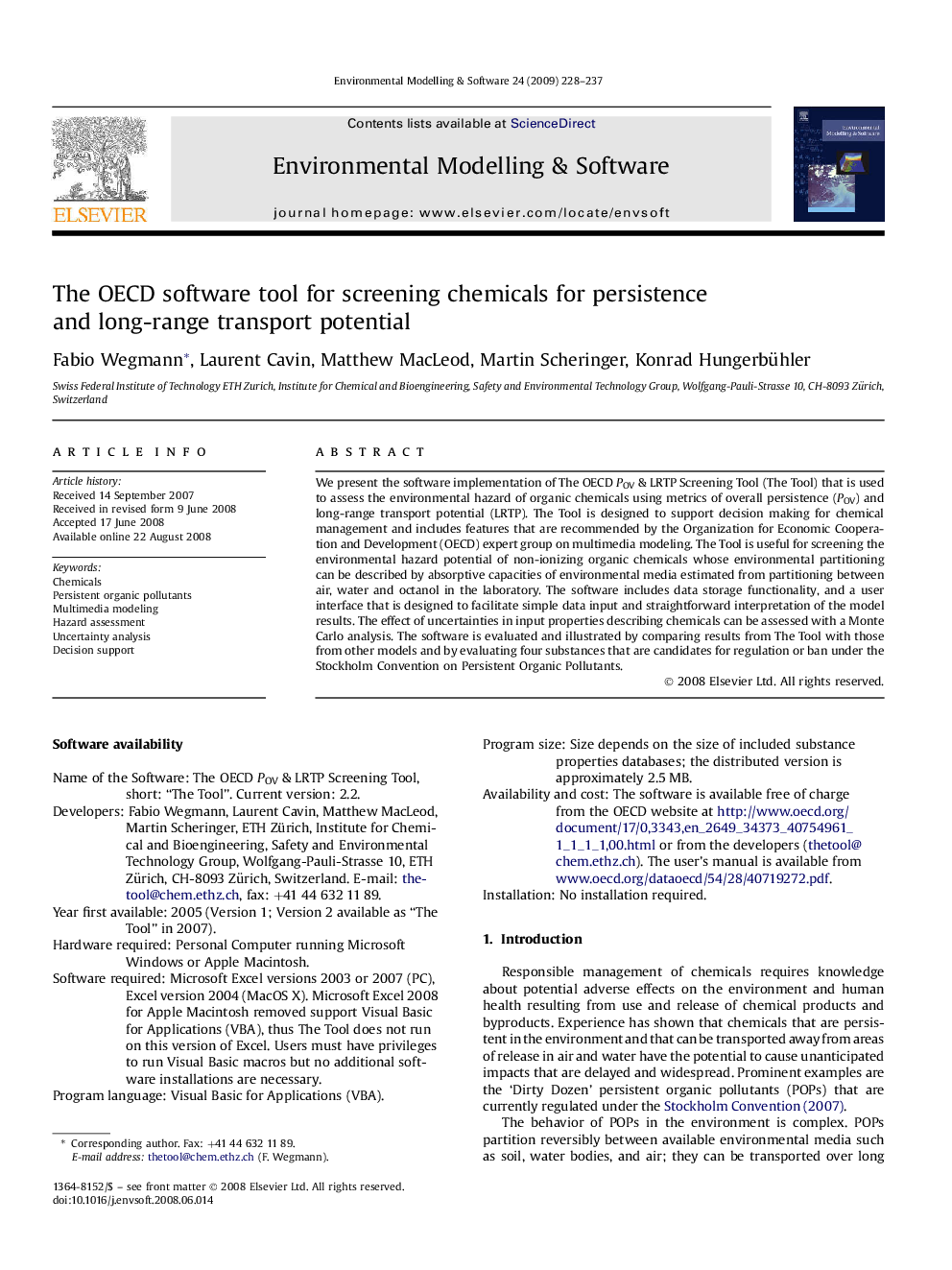 The OECD software tool for screening chemicals for persistence and long-range transport potential