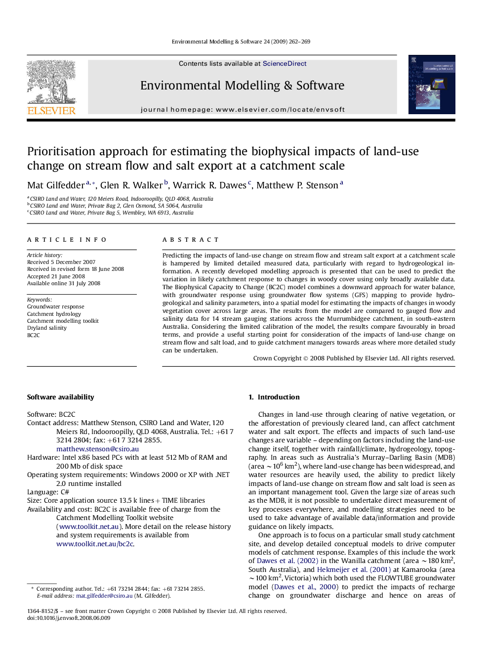 Prioritisation approach for estimating the biophysical impacts of land-use change on stream flow and salt export at a catchment scale