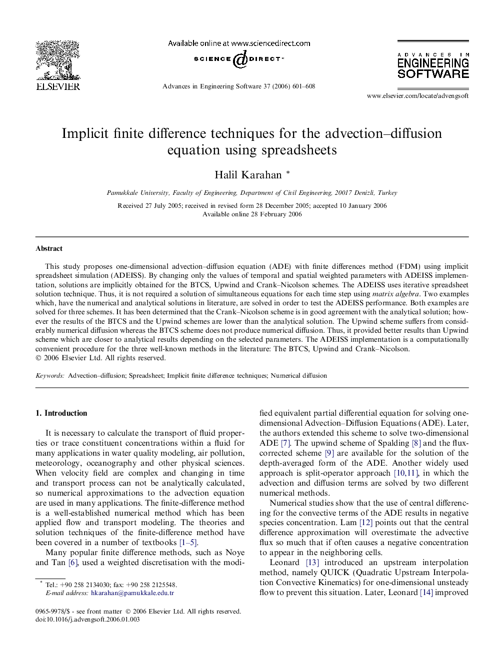 Implicit finite difference techniques for the advection–diffusion equation using spreadsheets