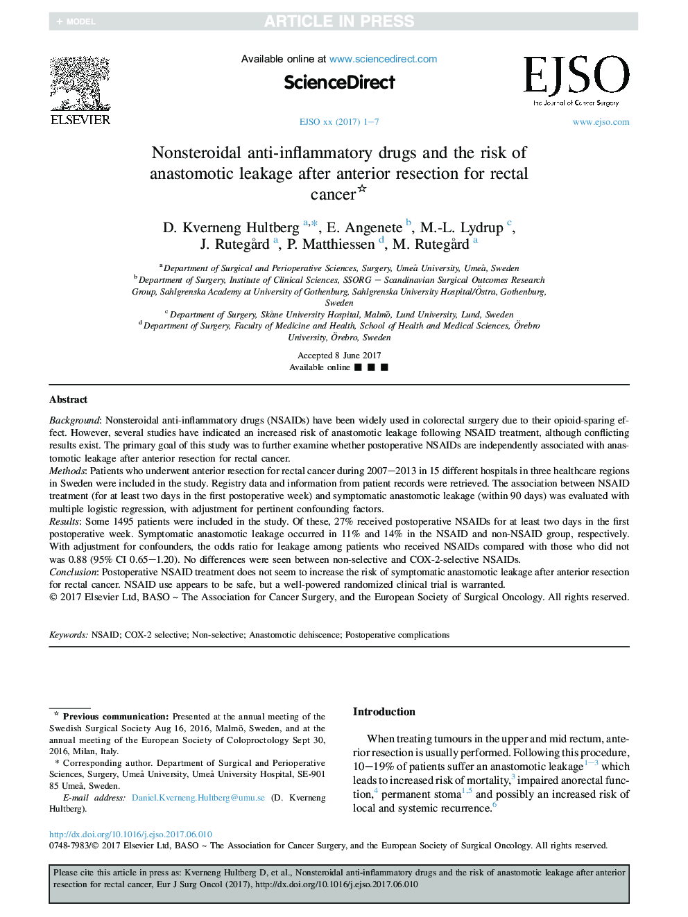 Nonsteroidal anti-inflammatory drugs and the risk of anastomotic leakage after anterior resection for rectal cancer