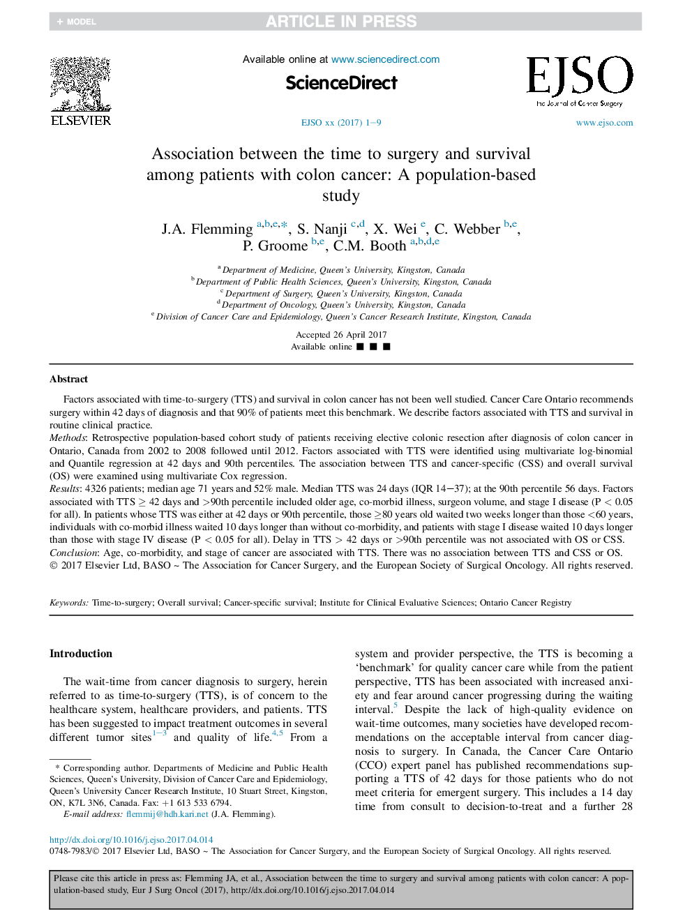 ارتباط بین زمان جراحی و بقا در بیماران مبتلا به سرطان کولون: یک مطالعه مبتنی بر جمعیت 