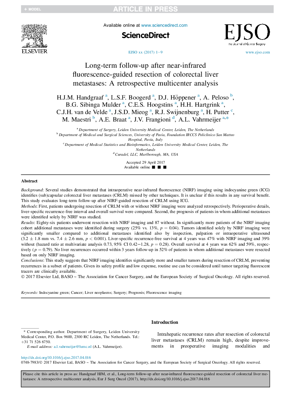 پیگیری طولانی مدت پس از برداشتن متاستاز کبدی کولورکتال هدایت فلورسانس نزدیک به مادون قرمز: یک تحلیل چند بعدی مجدد 