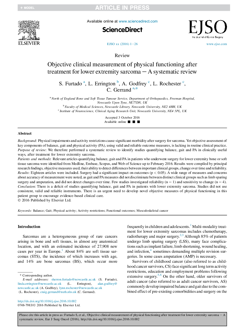 Objective clinical measurement of physical functioning after treatment for lower extremity sarcoma - A systematic review