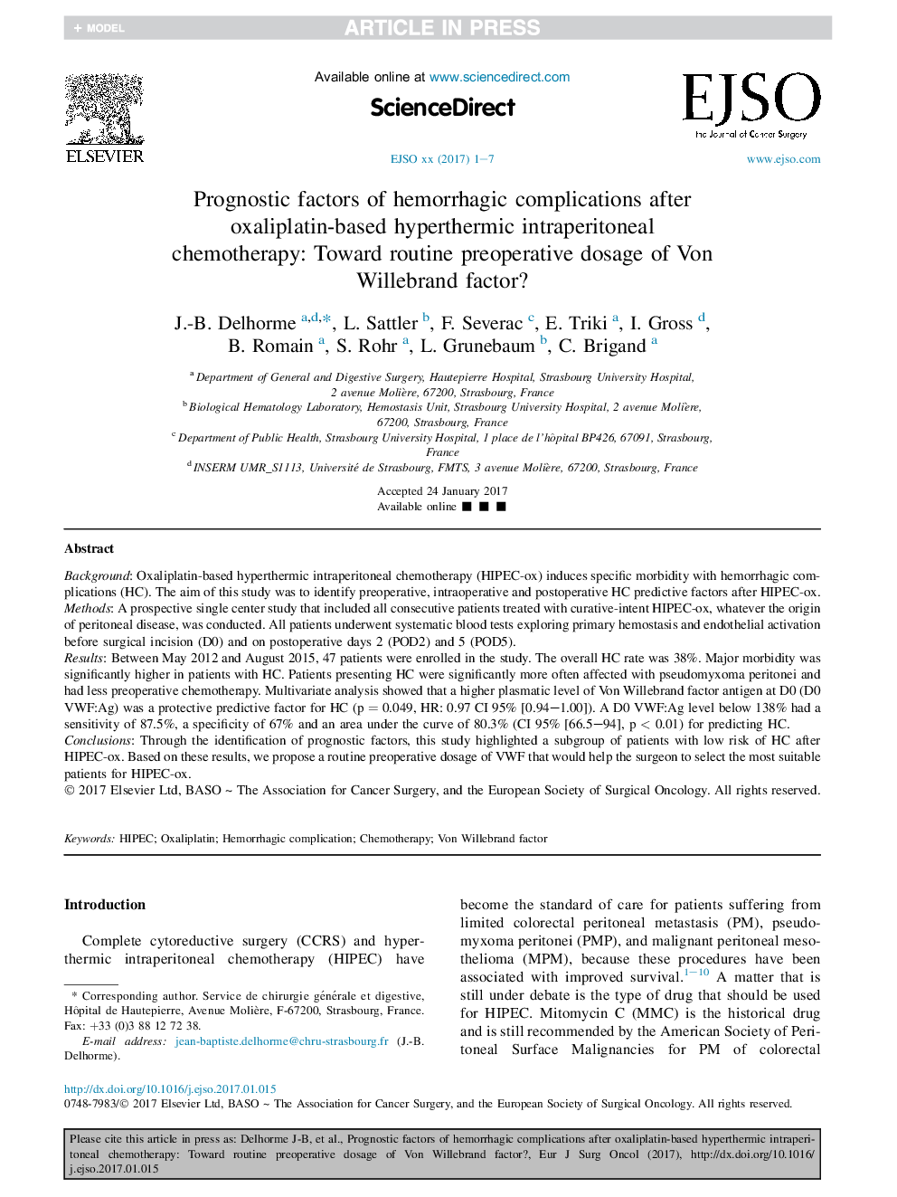 عوامل پیش آگهی عوارض هموراژیک بعد از شیمیدرمانی فیزیوتراپی هیپرترمیال مبتنی بر اگزای پلاتین: به سمت دوز پیش از عمل جراحی فون ویلبراند؟ 