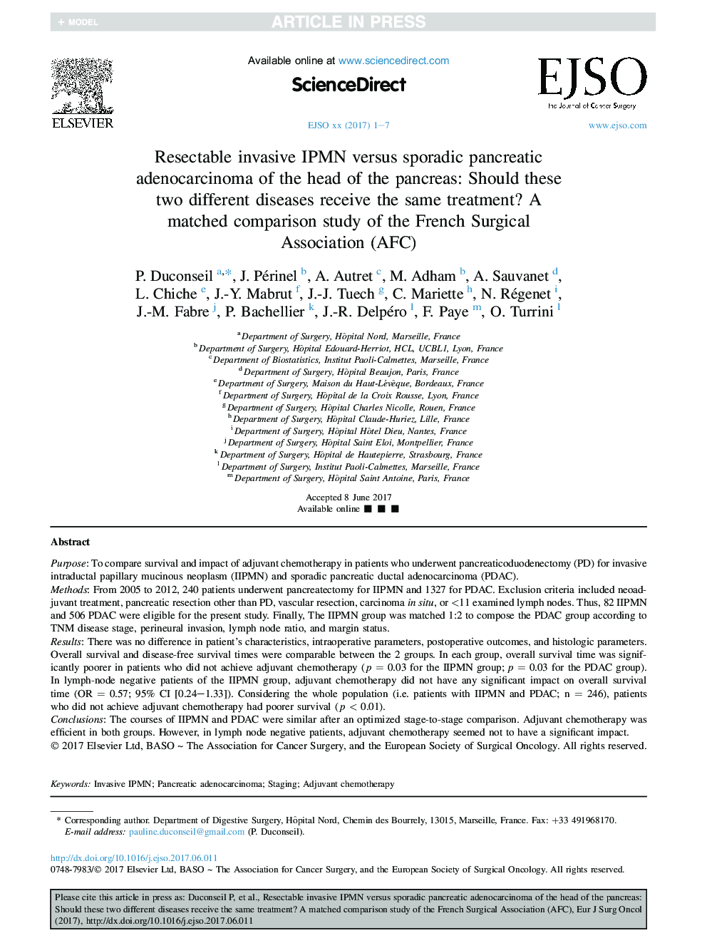 Resectable invasive IPMN versus sporadic pancreatic adenocarcinoma of the head of the pancreas: Should these two different diseases receive the same treatment? A matched comparison study of the French Surgical Association (AFC)