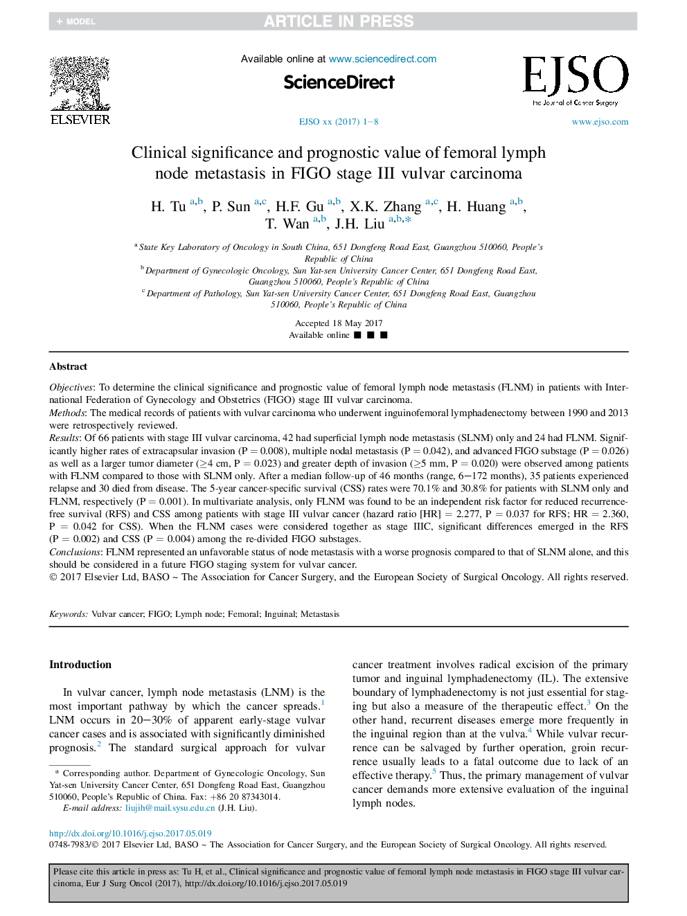 Clinical significance and prognostic value of femoral lymph node metastasis in FIGO stage III vulvar carcinoma