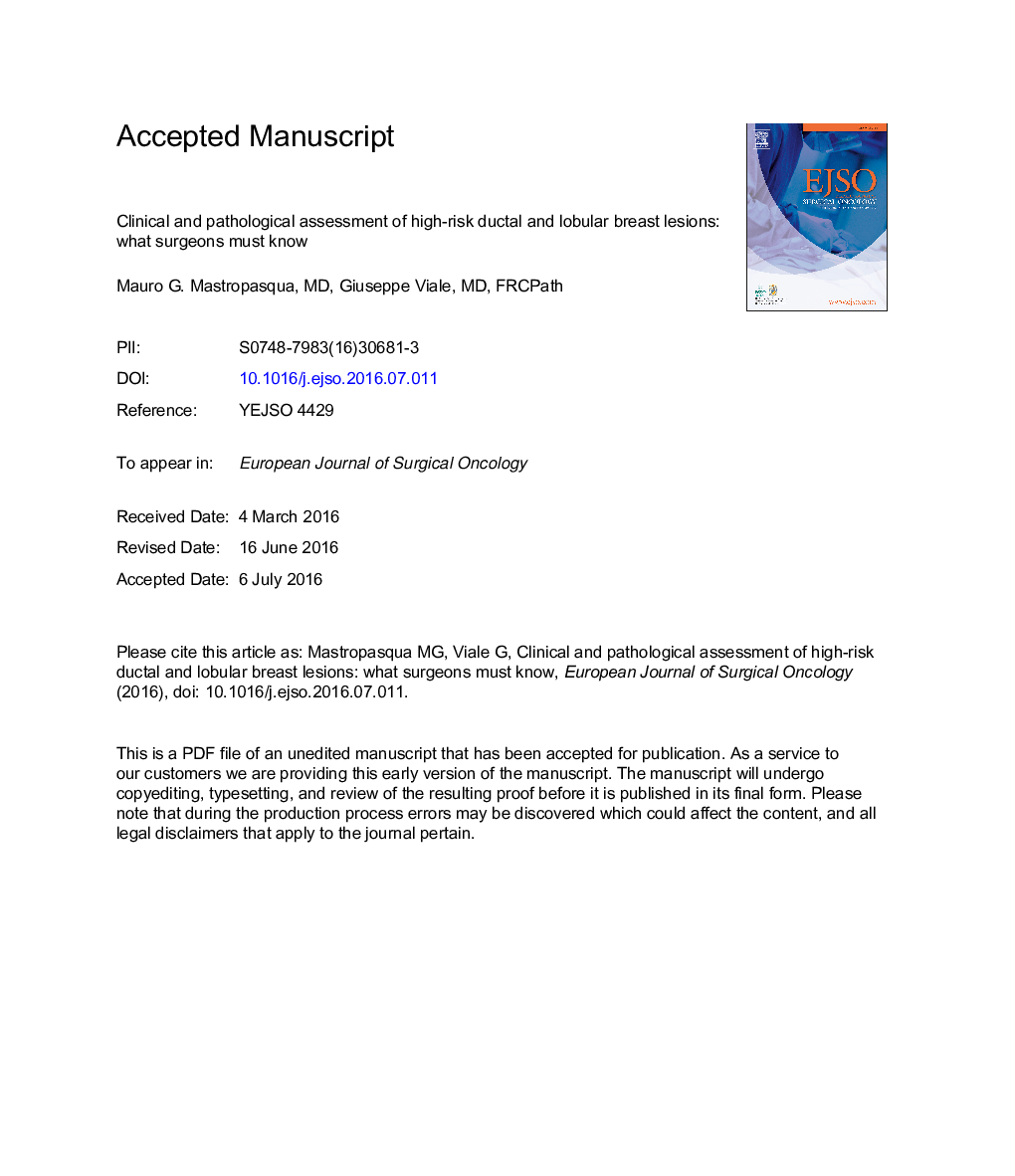 Clinical and pathological assessment of high-risk ductal and lobular breast lesions: What surgeons must know