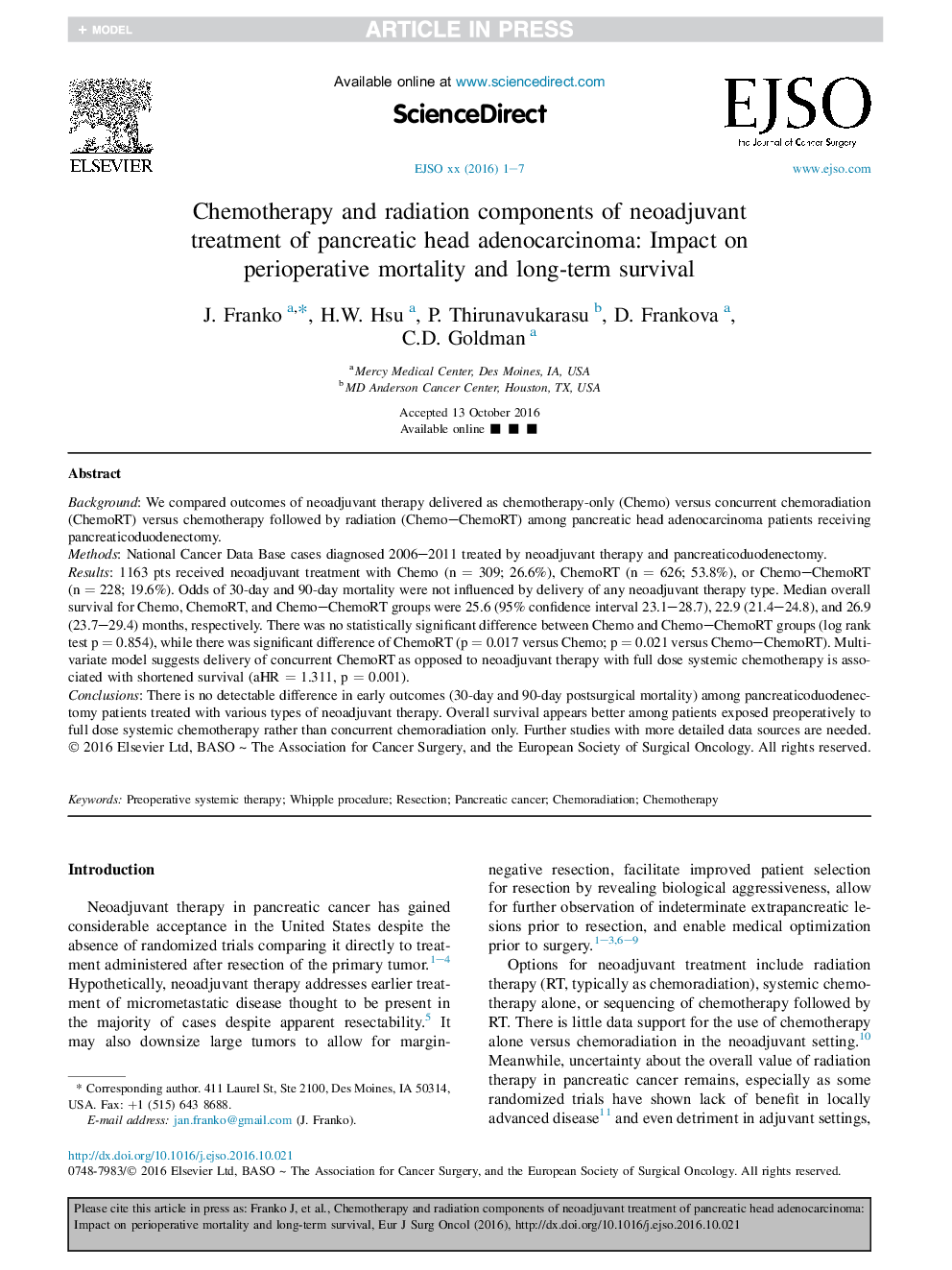 Chemotherapy and radiation components of neoadjuvant treatment of pancreatic head adenocarcinoma: Impact on perioperative mortality and long-term survival