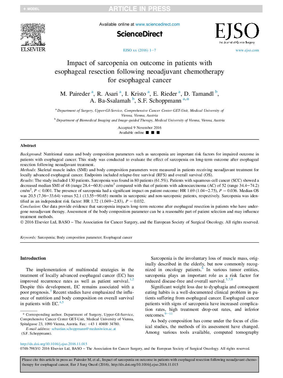 تأثیر سارکوفنی بر نتیجه در بیماران با رزکسیون مری پس از شیمی درمانی نئوادجوتان برای سرطان مری 