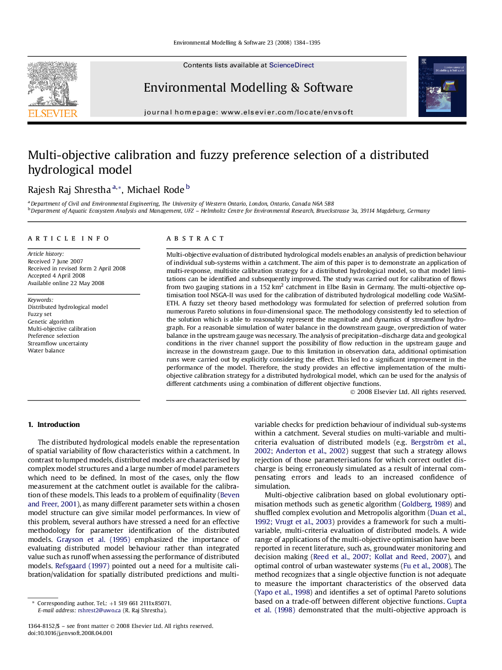 Multi-objective calibration and fuzzy preference selection of a distributed hydrological model