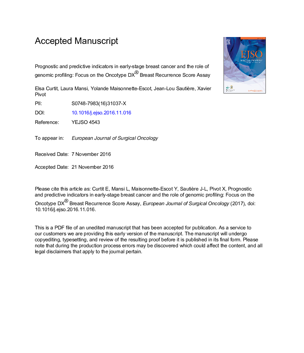 Prognostic and predictive indicators in early-stage breast cancer and the role of genomic profiling: Focus on the Oncotype DX® Breast Recurrence Score Assay