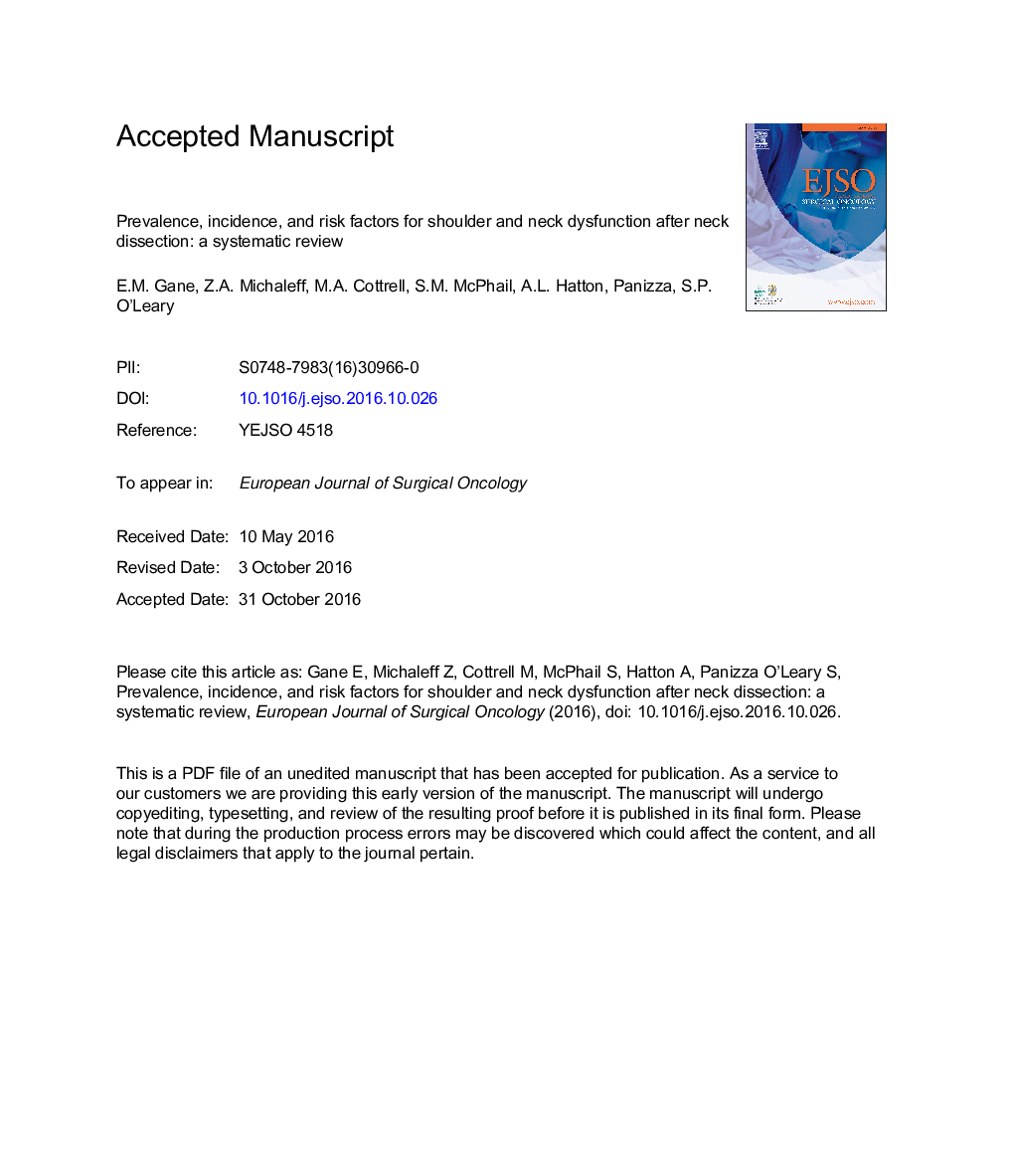 Prevalence, incidence, and risk factors for shoulder and neck dysfunction after neck dissection: A systematic review