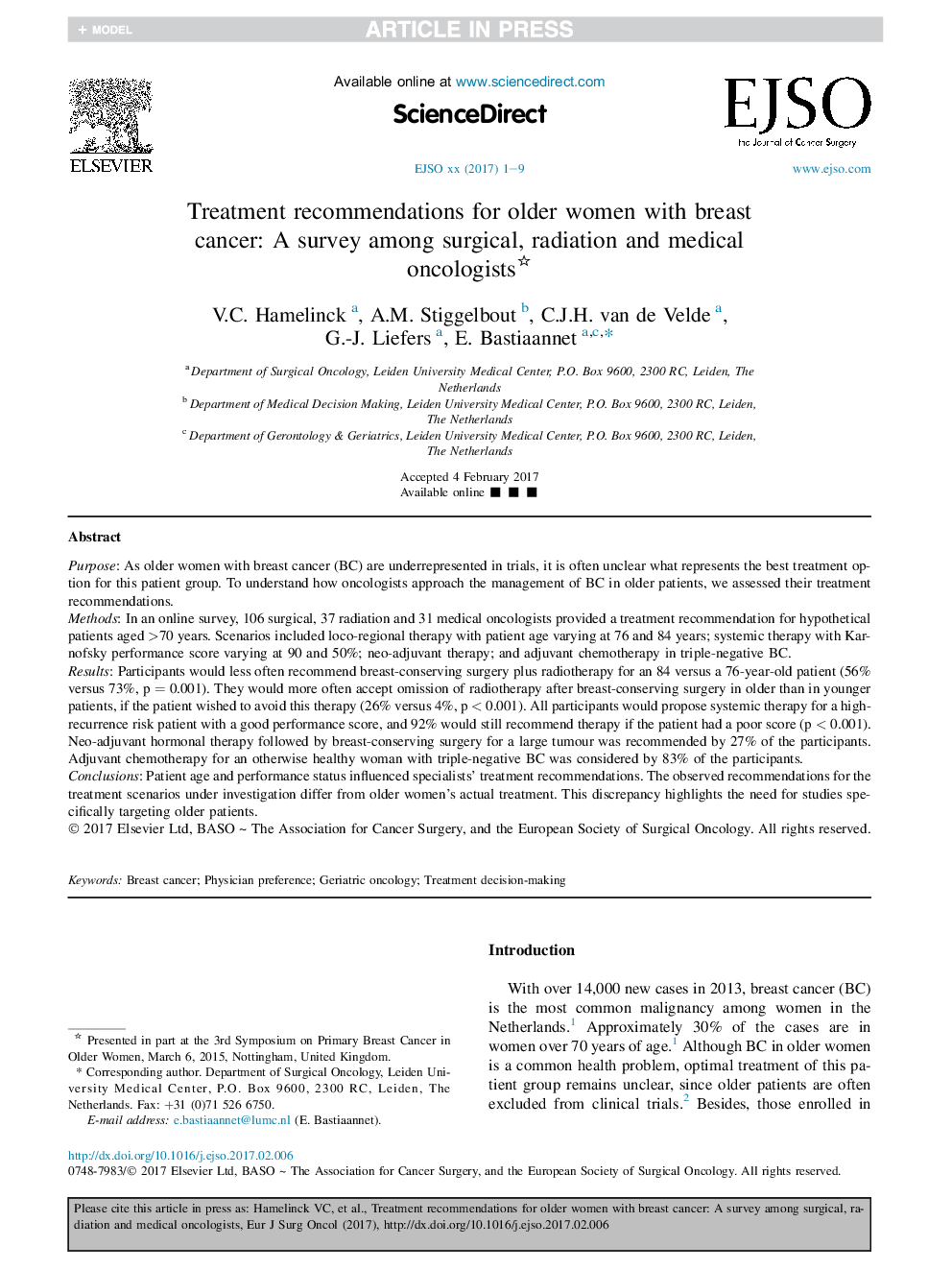 توصیه های درمان برای زنان مسن با سرطان پستان: یک بررسی در میان متخصصان انکولوژی جراحی، اشعه و پزشکی 