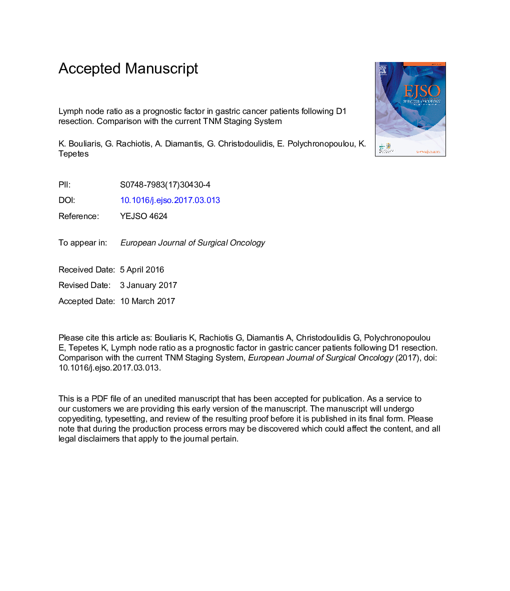 Lymph node ratio as a prognostic factor in gastric cancer patients following D1 resection. Comparison with the current TNM staging system