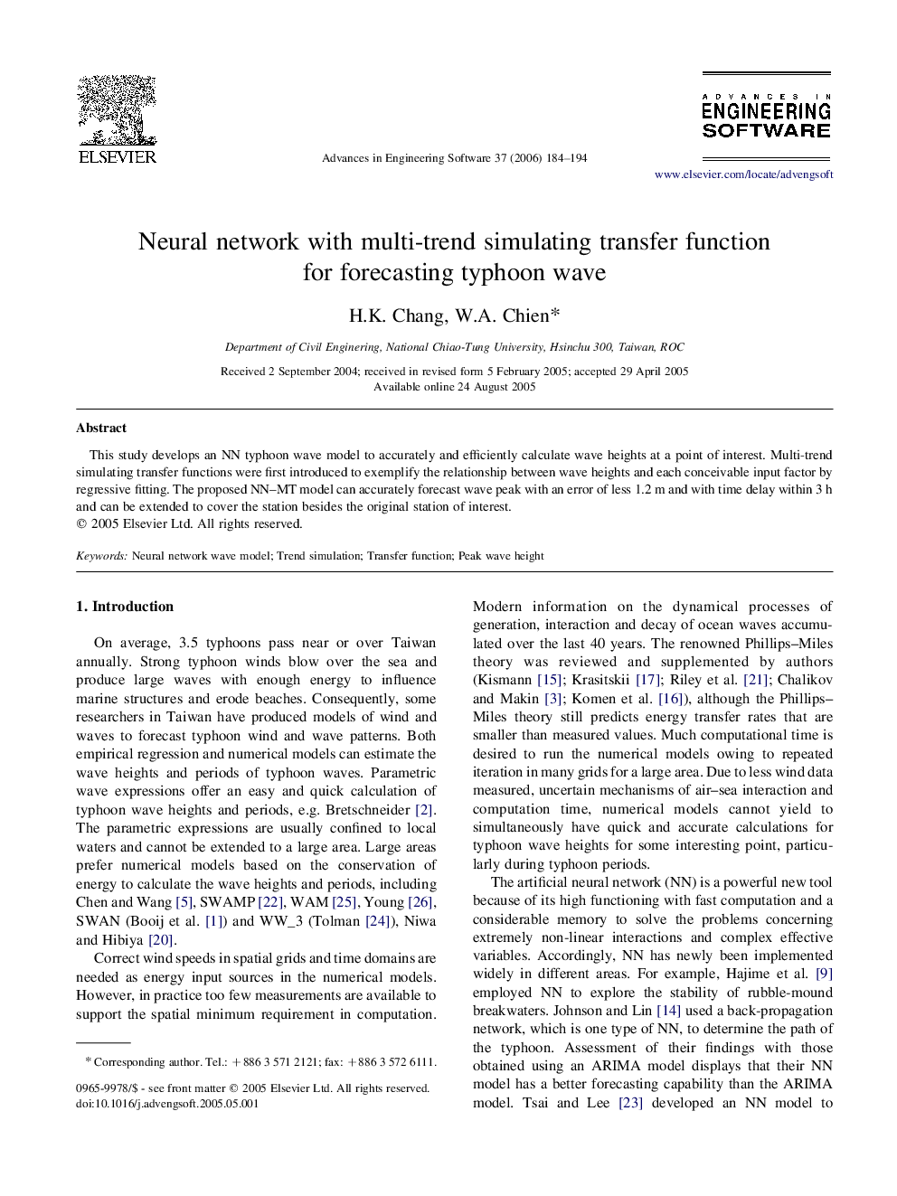 Neural network with multi-trend simulating transfer function for forecasting typhoon wave