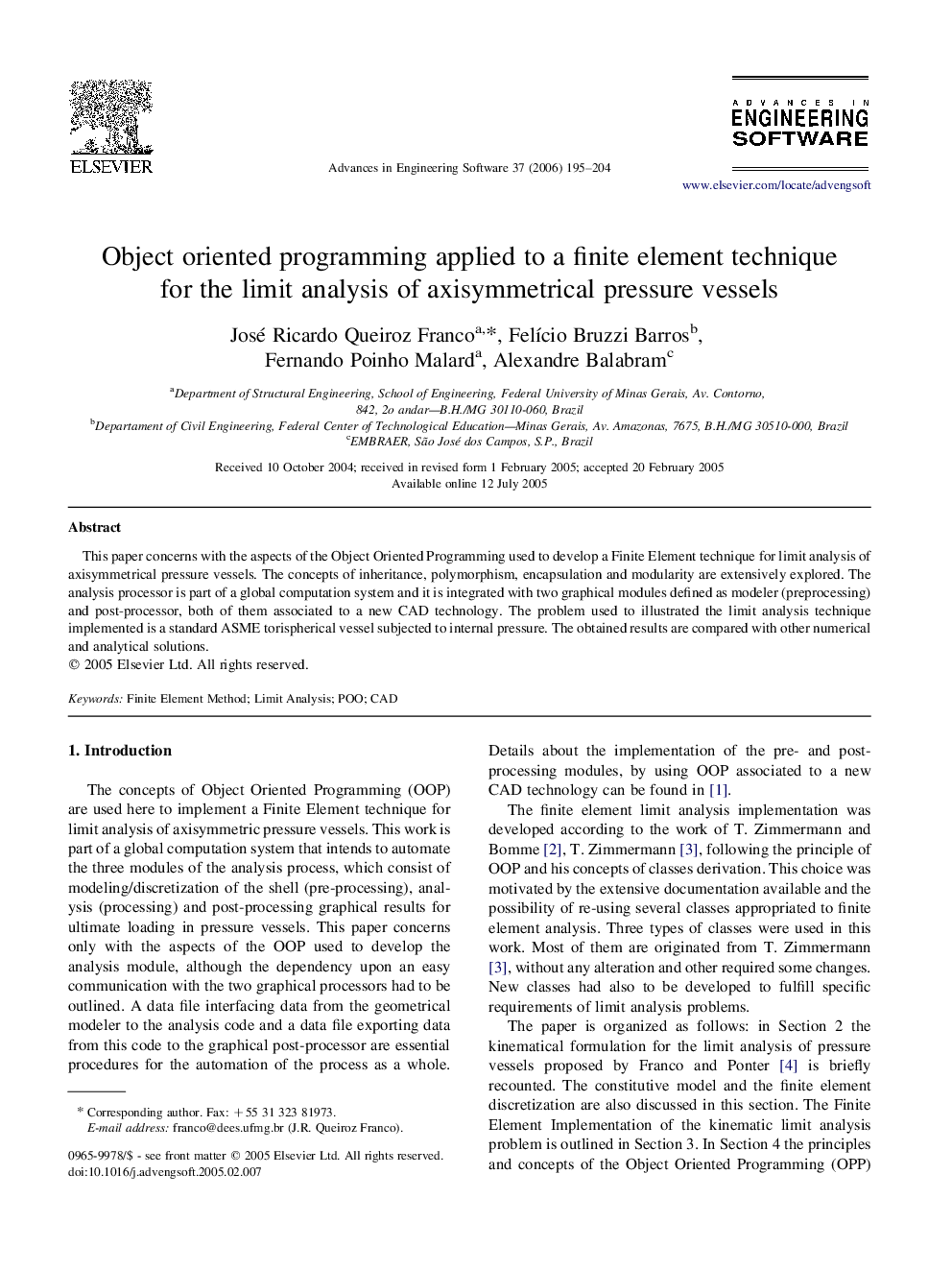 Object oriented programming applied to a finite element technique for the limit analysis of axisymmetrical pressure vessels