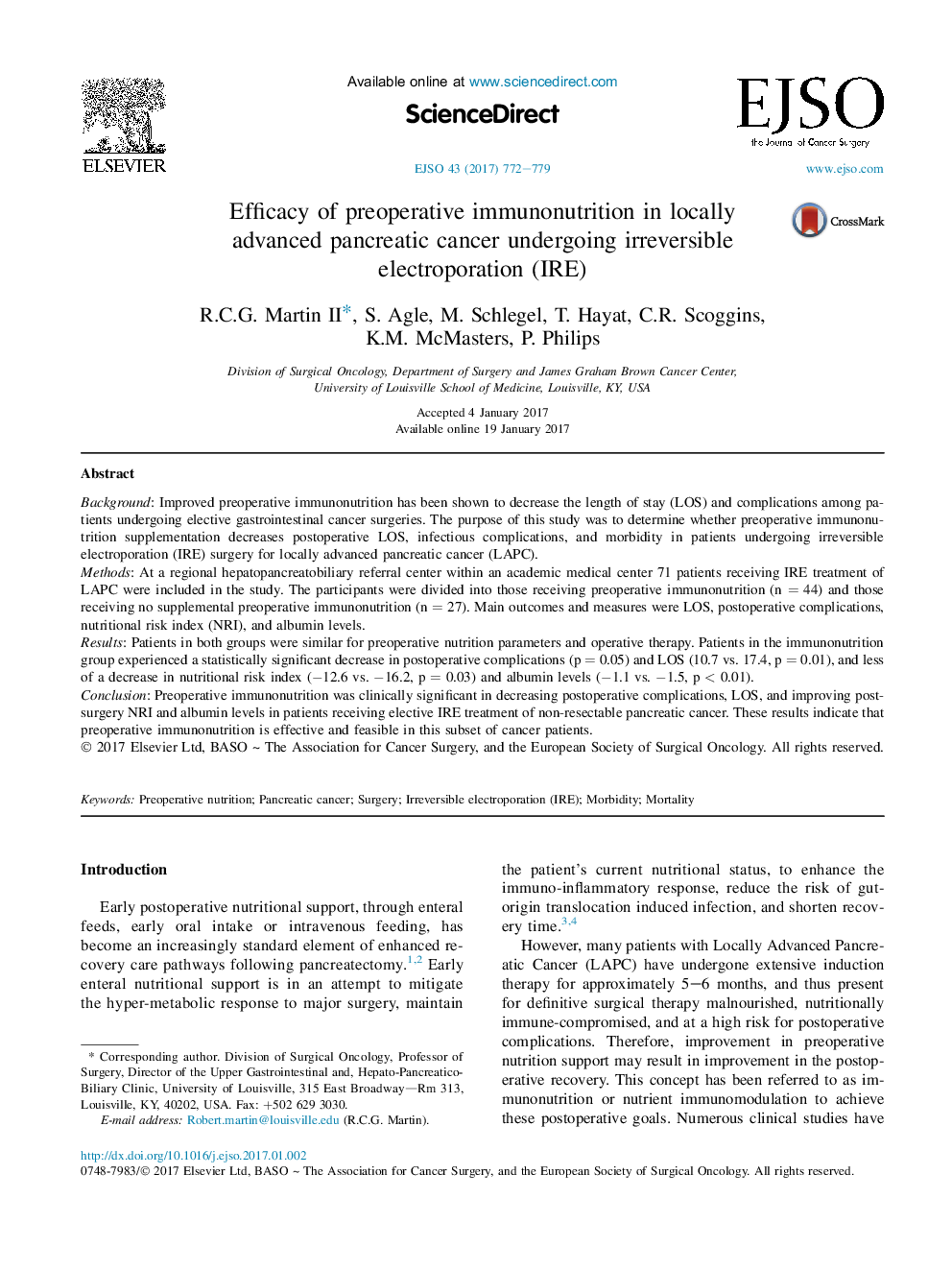 Efficacy of preoperative immunonutrition in locally advanced pancreatic cancer undergoing irreversible electroporation (IRE)