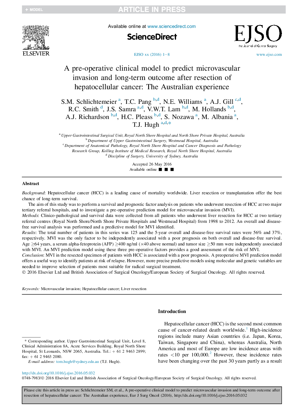 یک مدل بالینی پیش از عمل برای پیشگیری از تهاجم میکروواسکولار و پیامدهای درازمدت پس از برداشت سرطان سلول های اکسیژن: تجربه استرالیا 