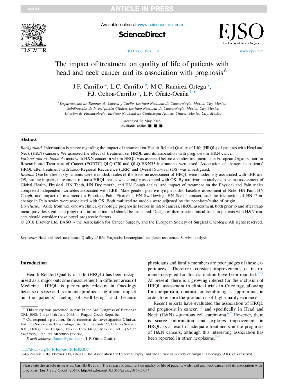 The impact of treatment on quality of life of patients with head and neck cancer and its association with prognosis