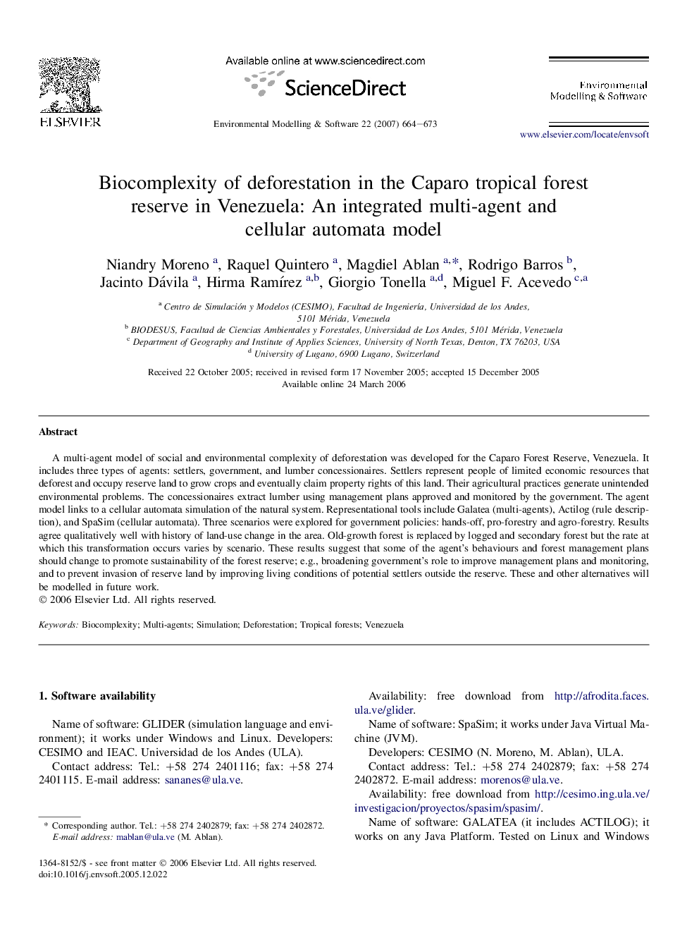 Biocomplexity of deforestation in the Caparo tropical forest reserve in Venezuela: An integrated multi-agent and cellular automata model