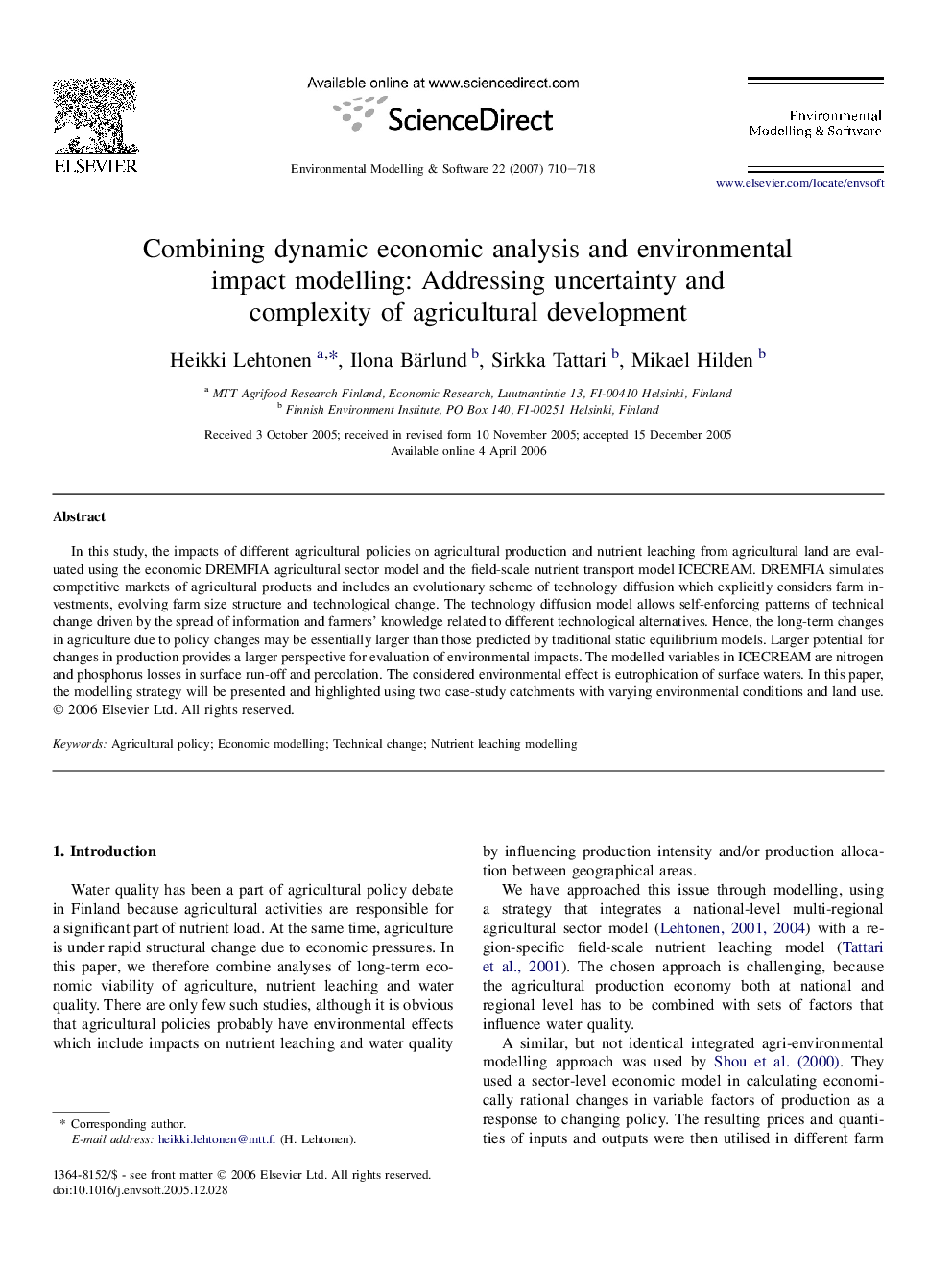 عکس صفحه اول مقاله: Combining dynamic economic analysis and environmental impact modelling: Addressing uncertainty and complexity of agricultural development Combining dynamic economic analysis and environmental impact modelling: Addressing uncertainty and complexity of agricultural development