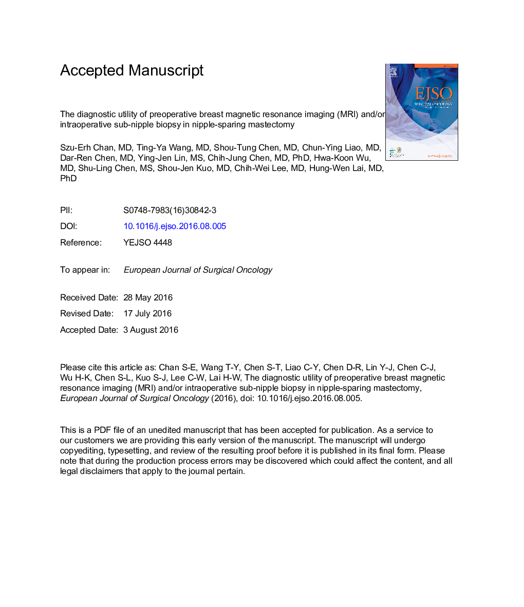عکس صفحه اول مقاله: The diagnostic utility of preoperative breast magnetic resonance imaging (MRI) and/or intraoperative sub-nipple biopsy in nipple-sparing mastectomy The diagnostic utility of preoperative breast magnetic resonance imaging (MRI) and/or intraoperative sub-nipple biopsy in nipple-sparing mastectomy