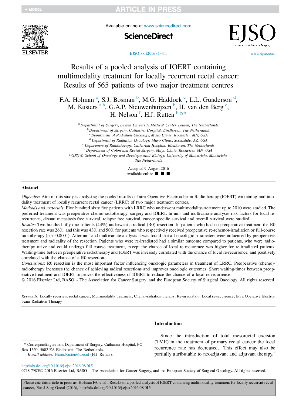 Results of a pooled analysis of IOERT containing multimodality treatment for locally recurrent rectal cancer