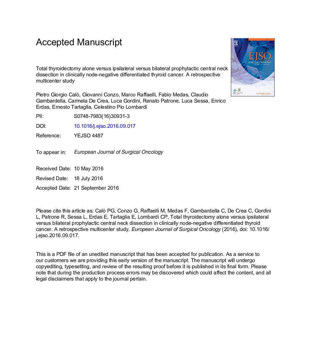 مجموع تیروئیدکتومی به تنهایی در مقایسه با دو طرفه در مقایسه با بخش انتهایی گردن مرکزی پروفیلاکتیک در کارسینوم تیروئید متفاوتی از لحاظ بالینی گره منفی است. یک مطالعه چند مرحله ای گذشته نگر 