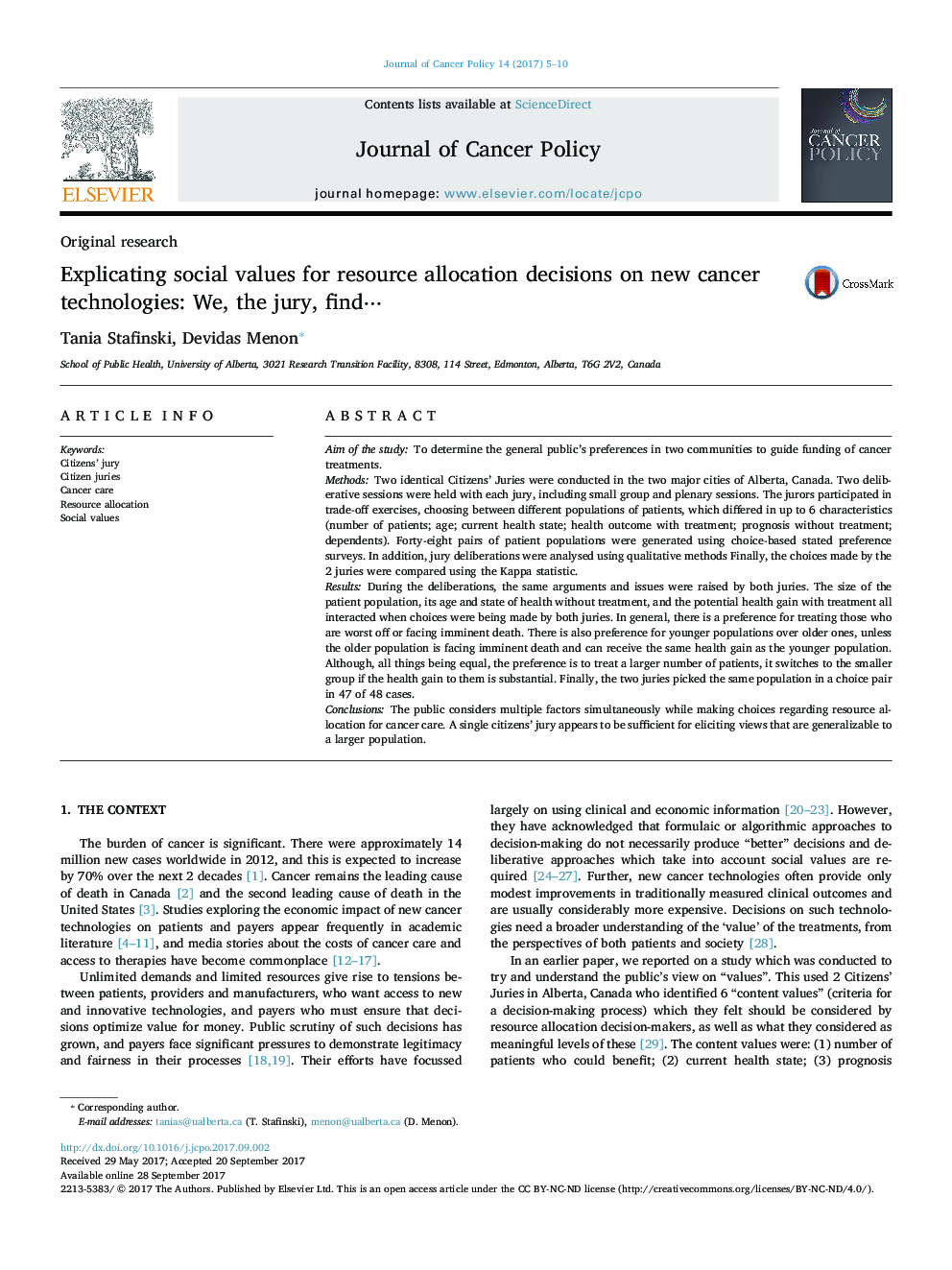 Explicating social values for resource allocation decisions on new cancer technologies: We, the jury, findâ¯