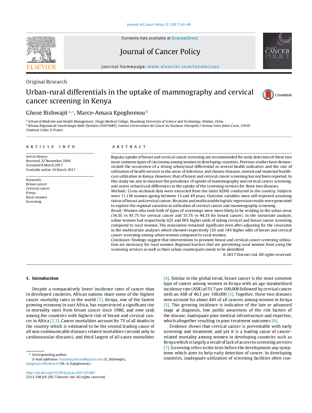 Urban-rural differentials in the uptake of mammography and cervical cancer screening in Kenya