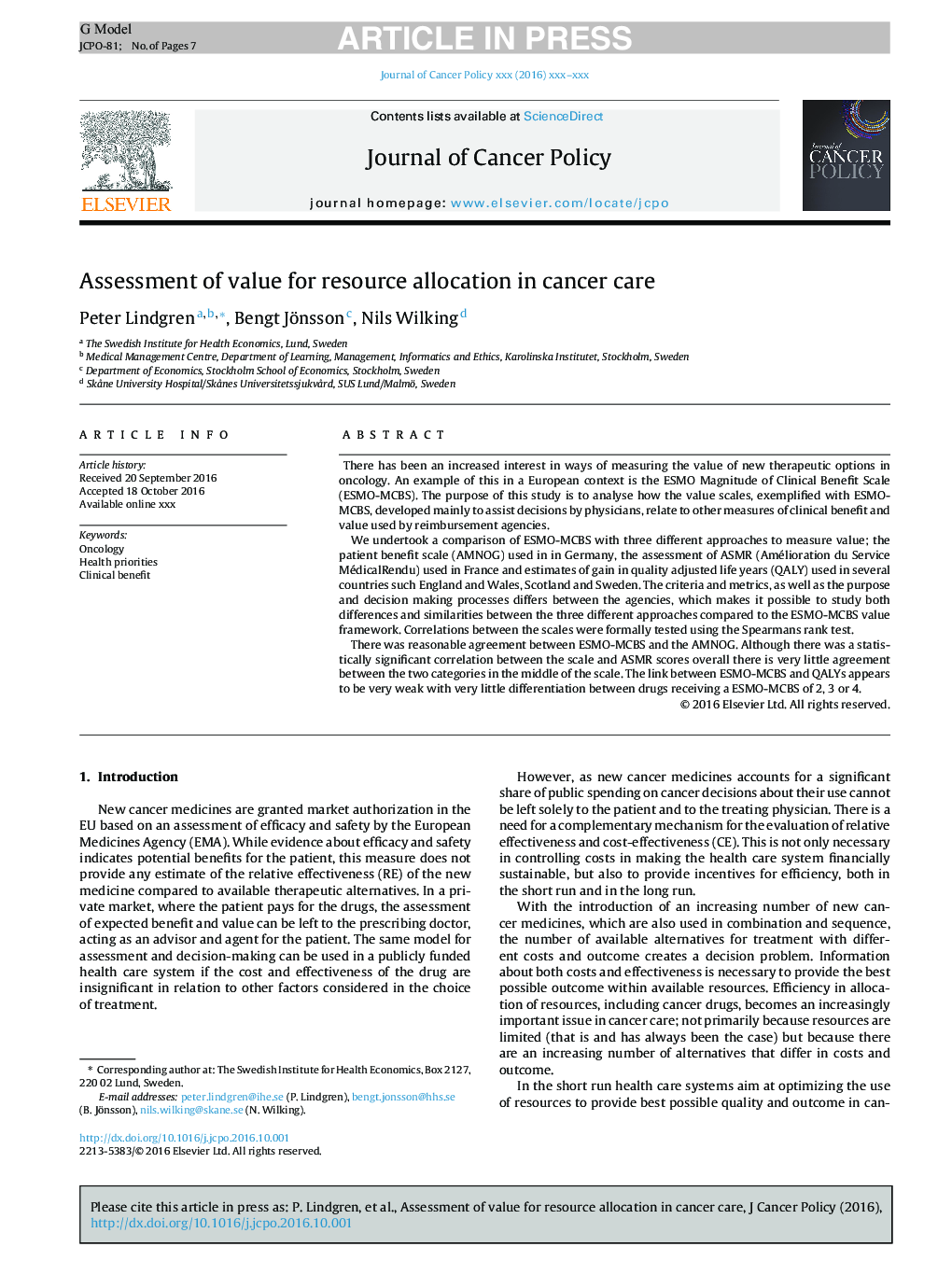 Assessment of value for resource allocation in cancer care