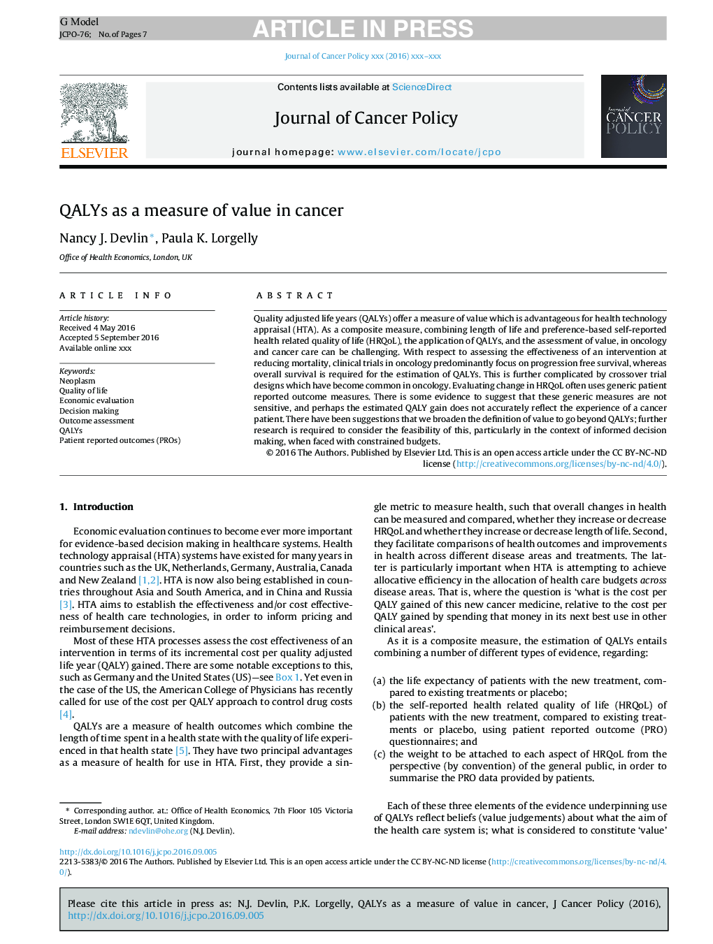 QALYs as a measure of value in cancer