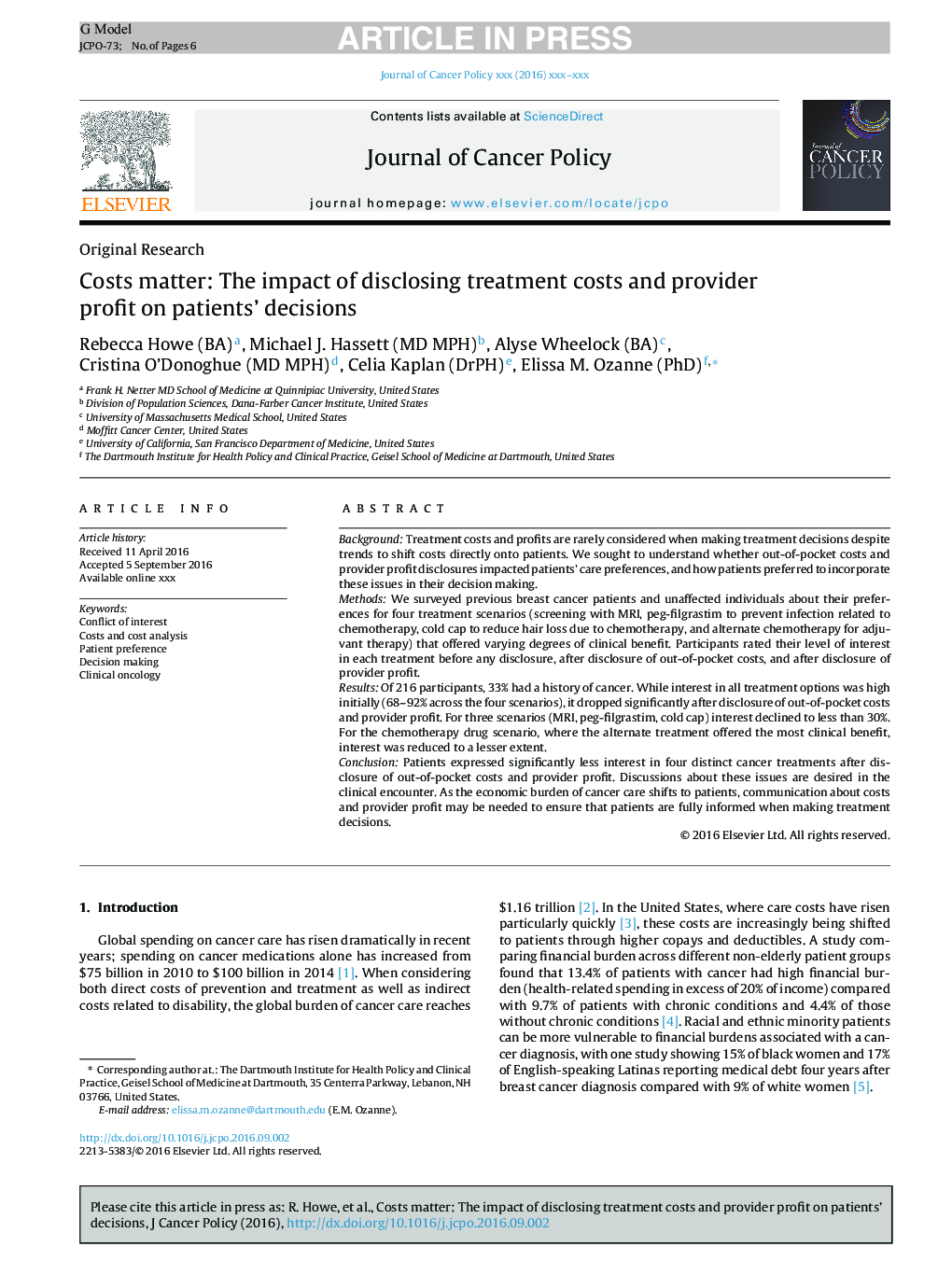 Costs matter: The impact of disclosing treatment costs and provider profit on patients' decisions