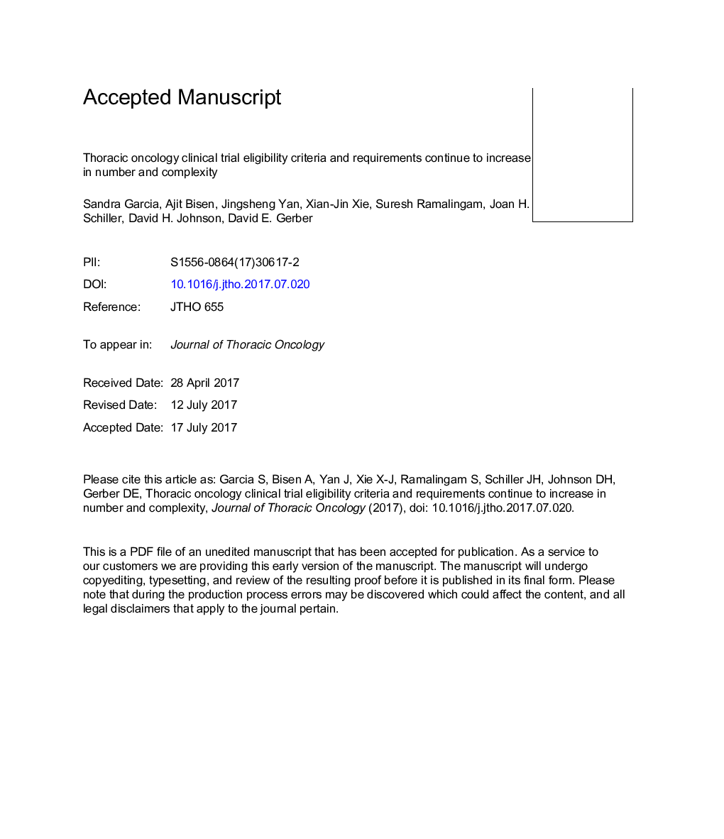 Thoracic Oncology Clinical Trial Eligibility Criteria and Requirements Continue to Increase in Number and Complexity
