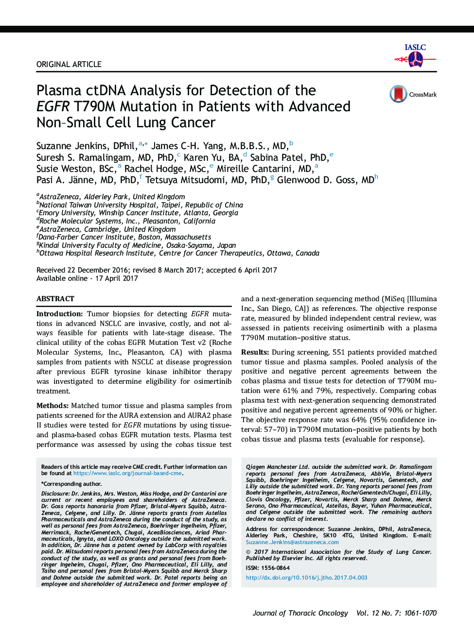 Plasma ctDNA Analysis for Detection of the EGFRÂ T790M Mutation in Patients with Advanced Non-SmallÂ Cell Lung Cancer