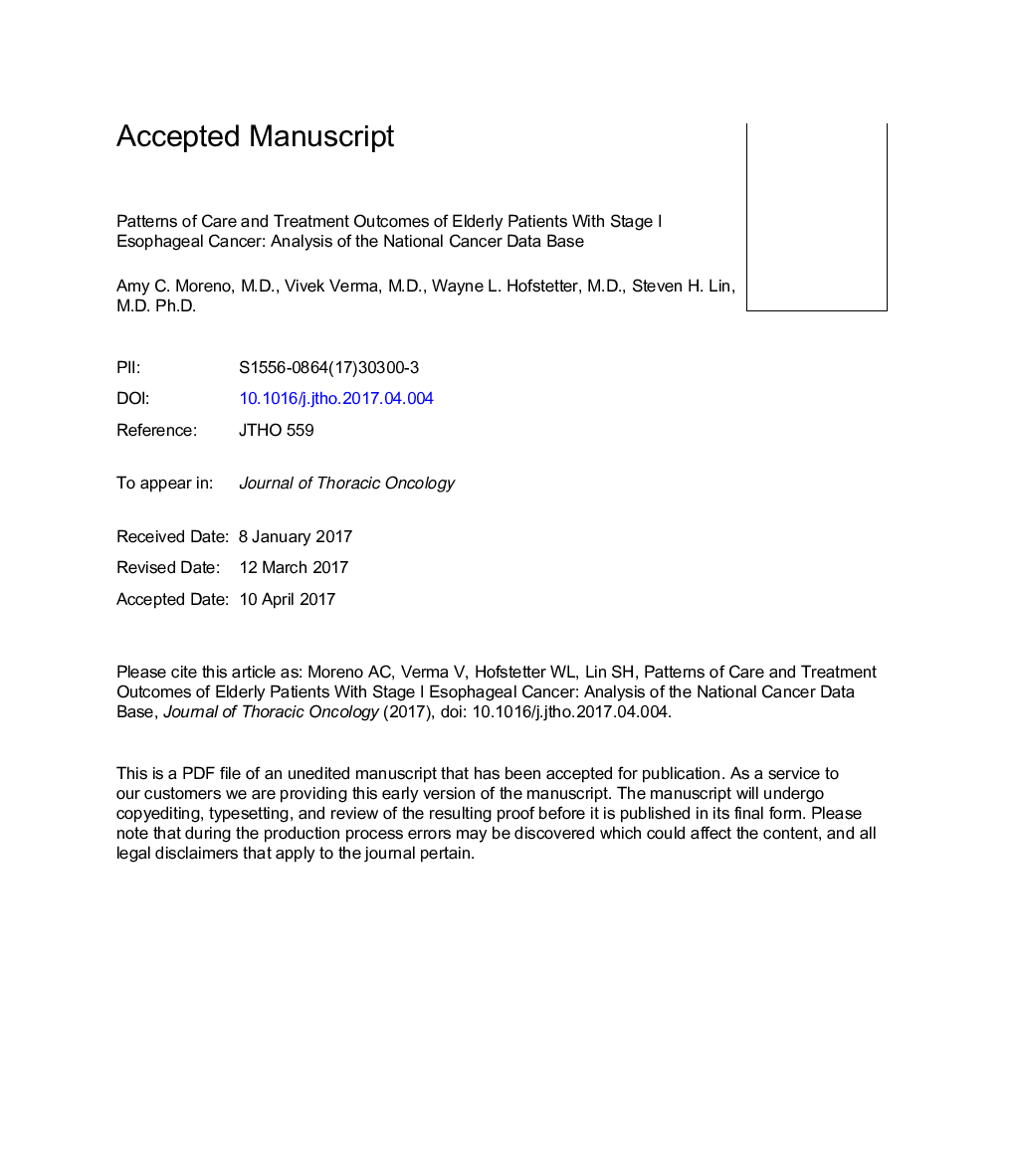 Patterns of Care and Treatment Outcomes of ElderlyÂ Patients with Stage I Esophageal Cancer: Analysis of the National Cancer Data Base